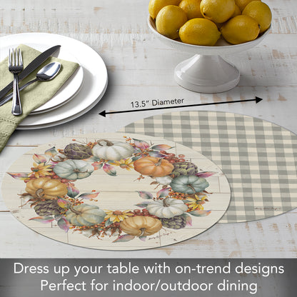 CounterArt Pumpkin Time 4 Pack Round Reversible Easy Care Flexible Placemats Made in the USA