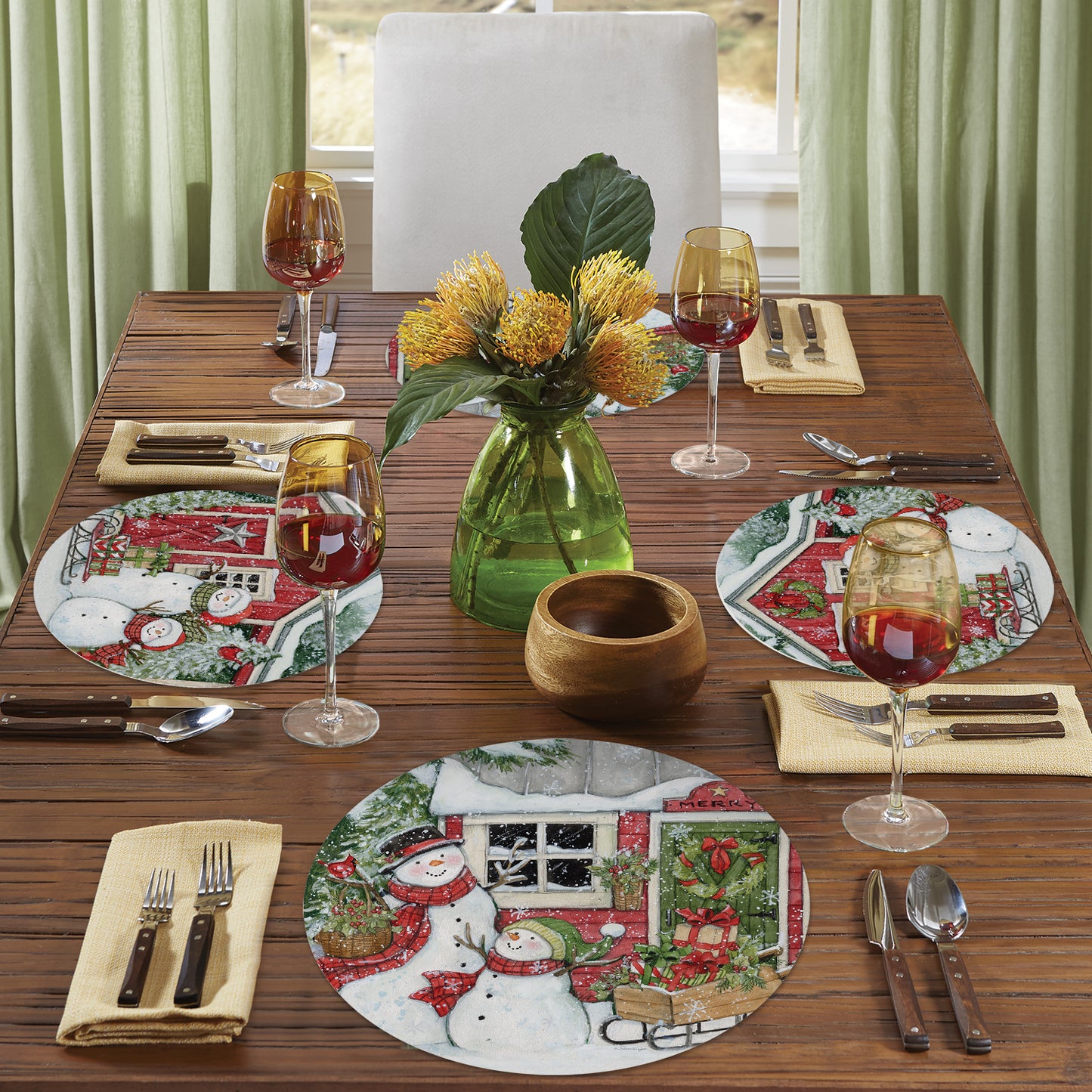 CounterArt Snowman's Farmhouse 4 Pack Round Reversible Easy Care Flexible Plastic Placemats Made in The USA 13.5" Diameter