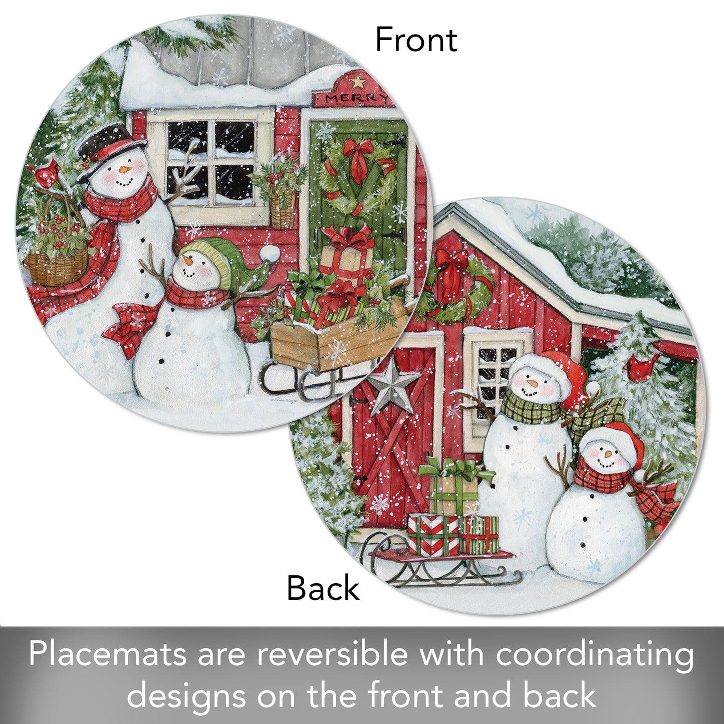 CounterArt Snowman's Farmhouse 4 Pack Round Reversible Easy Care Flexible Plastic Placemats Made in The USA 13.5" Diameter