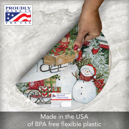 CounterArt Snowman's Farmhouse 4 Pack Round Reversible Easy Care Flexible Plastic Placemats Made in The USA 13.5" Diameter