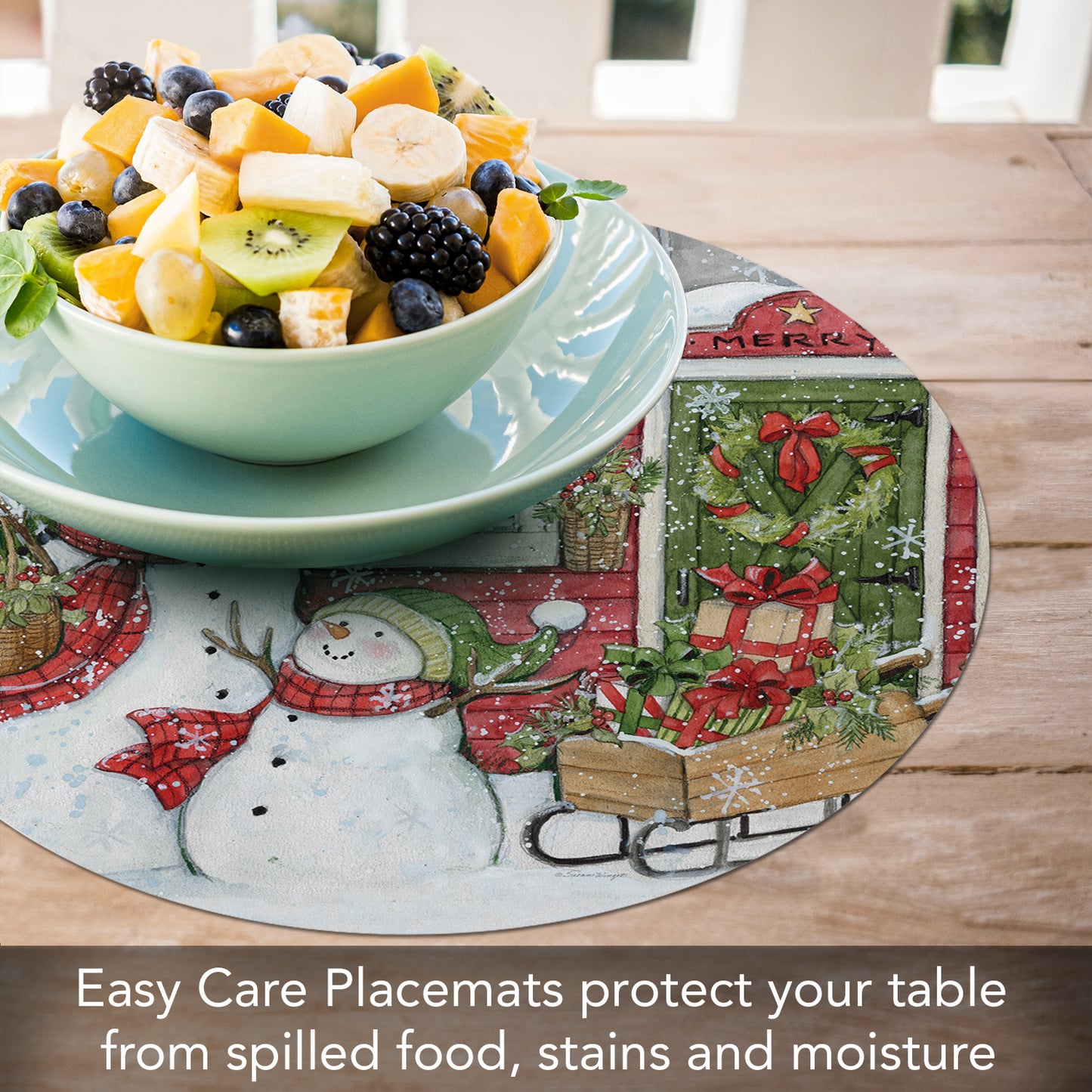 CounterArt Snowman's Farmhouse 4 Pack Round Reversible Easy Care Flexible Plastic Placemats Made in The USA 13.5" Diameter