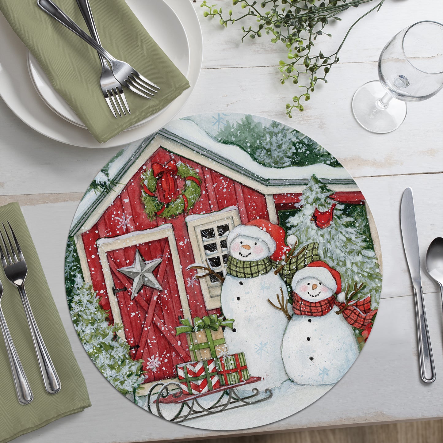 CounterArt Snowman's Farmhouse 4 Pack Round Reversible Easy Care Flexible Plastic Placemats Made in The USA 13.5" Diameter