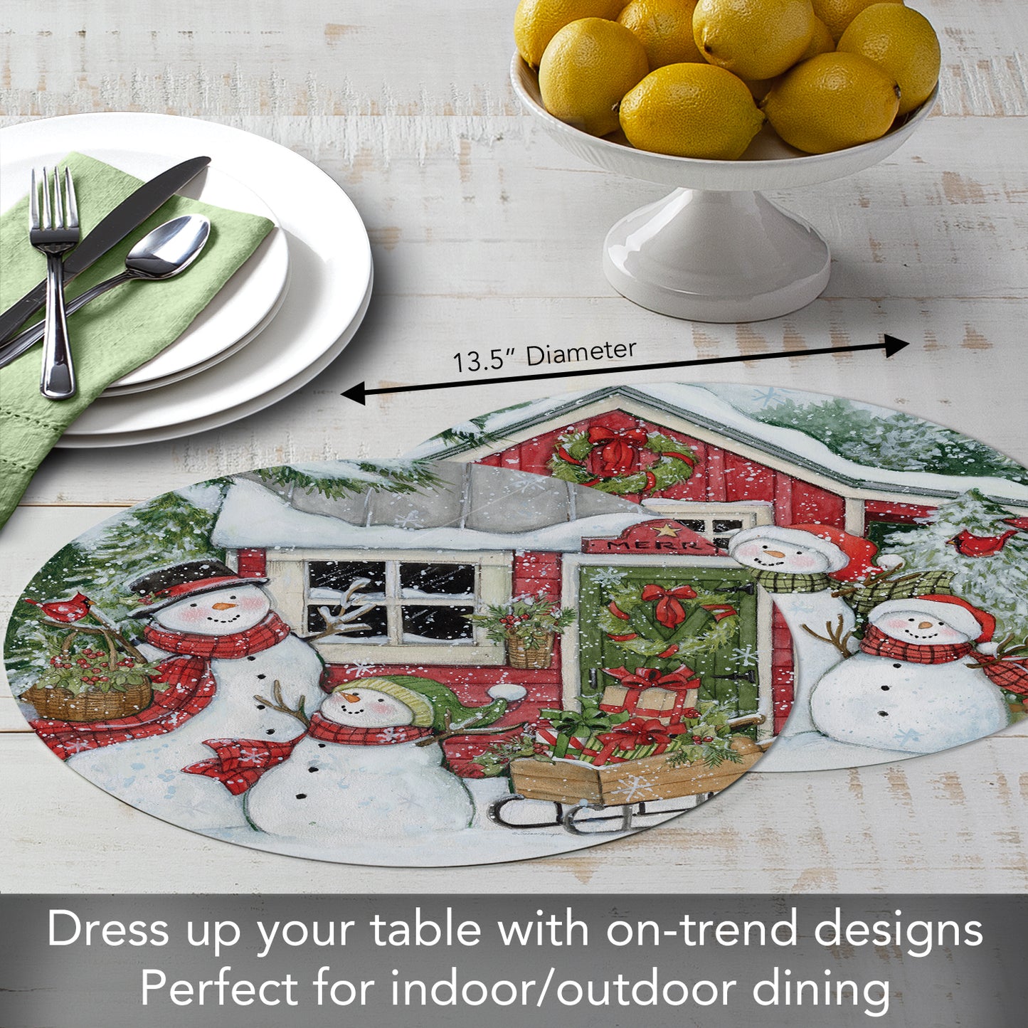 CounterArt Snowman's Farmhouse 4 Pack Round Reversible Easy Care Flexible Plastic Placemats Made in The USA 13.5" Diameter