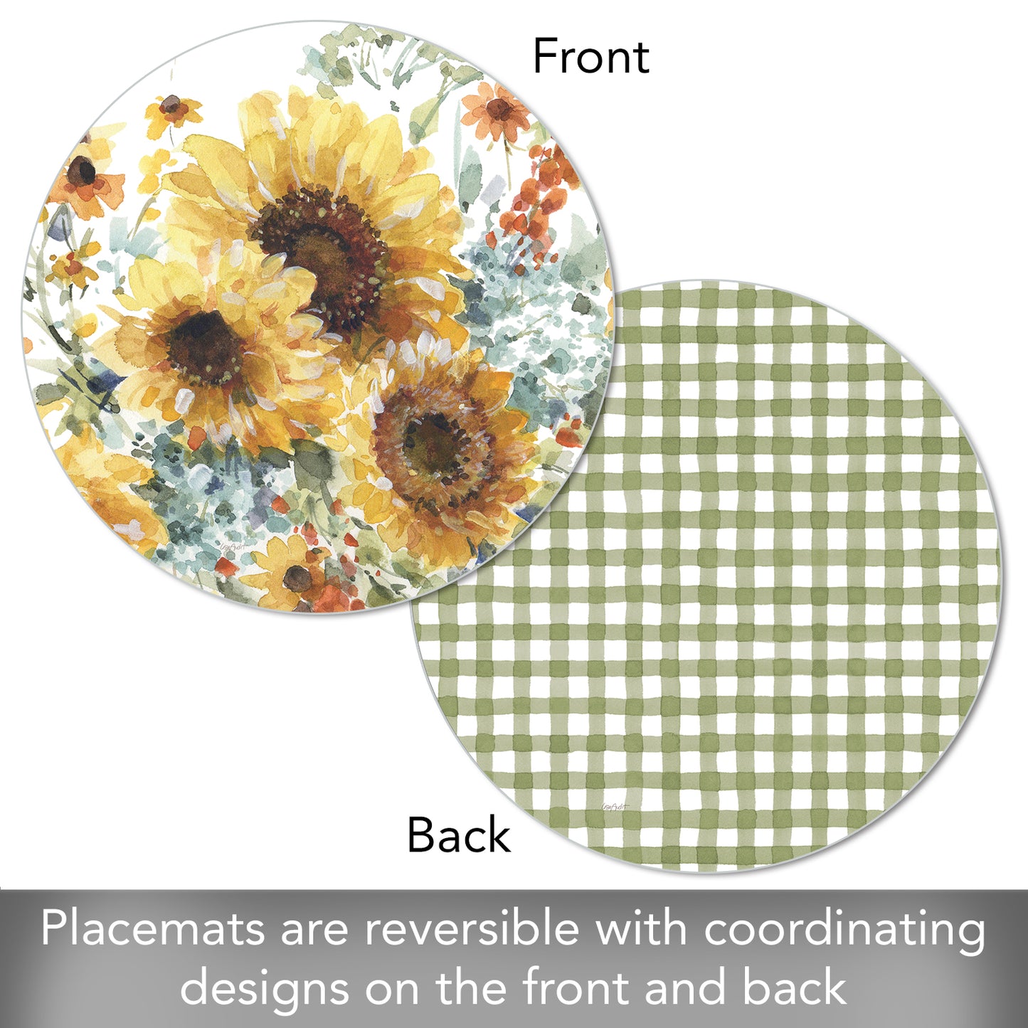 CounterArt Sunflowers Forever 4 Pack Round Reversible Easy Care Flexible Placemats Made in the USA
