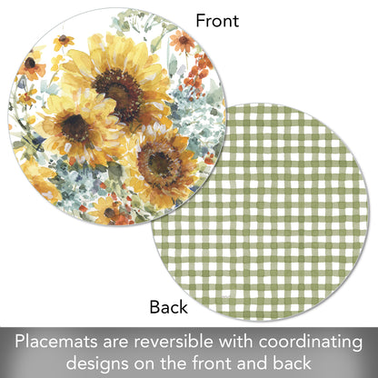 CounterArt Sunflowers Forever 4 Pack Round Reversible Easy Care Flexible Placemats Made in the USA