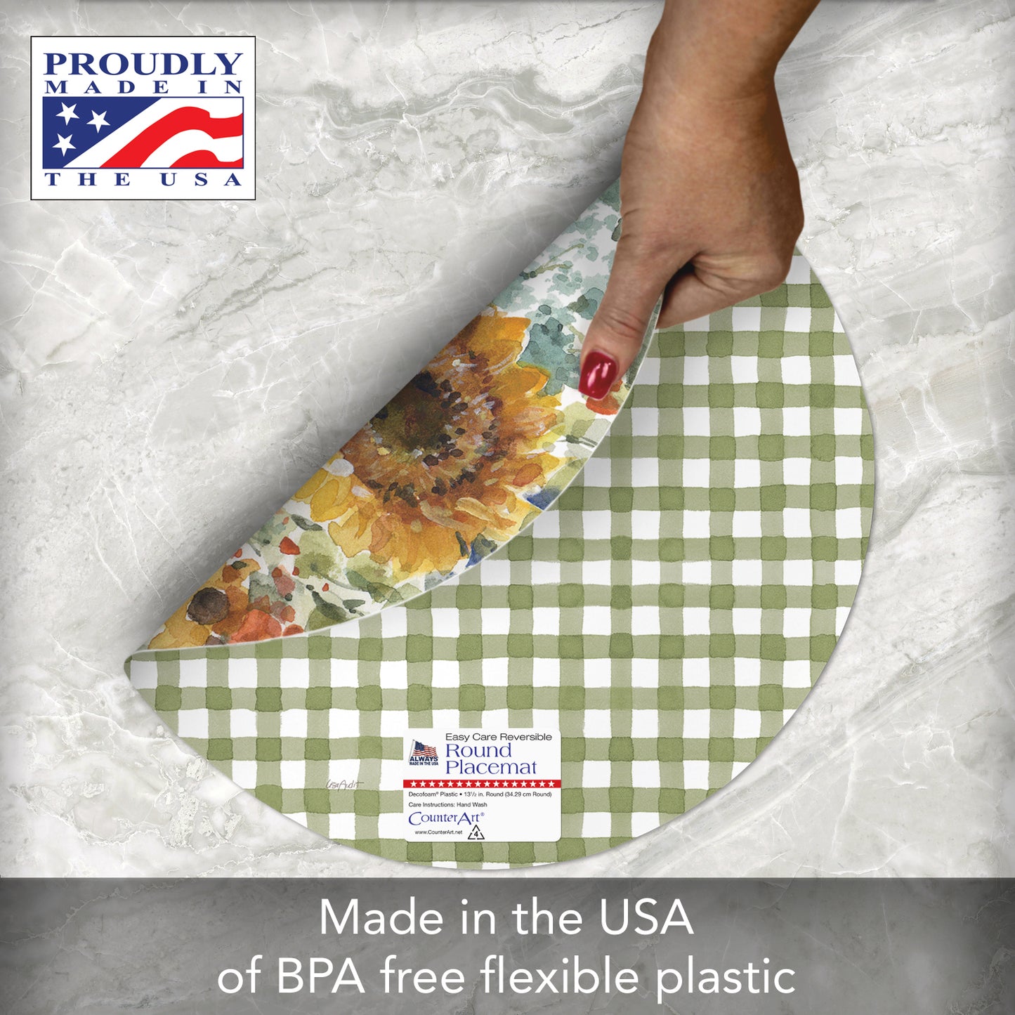 CounterArt Sunflowers Forever 4 Pack Round Reversible Easy Care Flexible Placemats Made in the USA