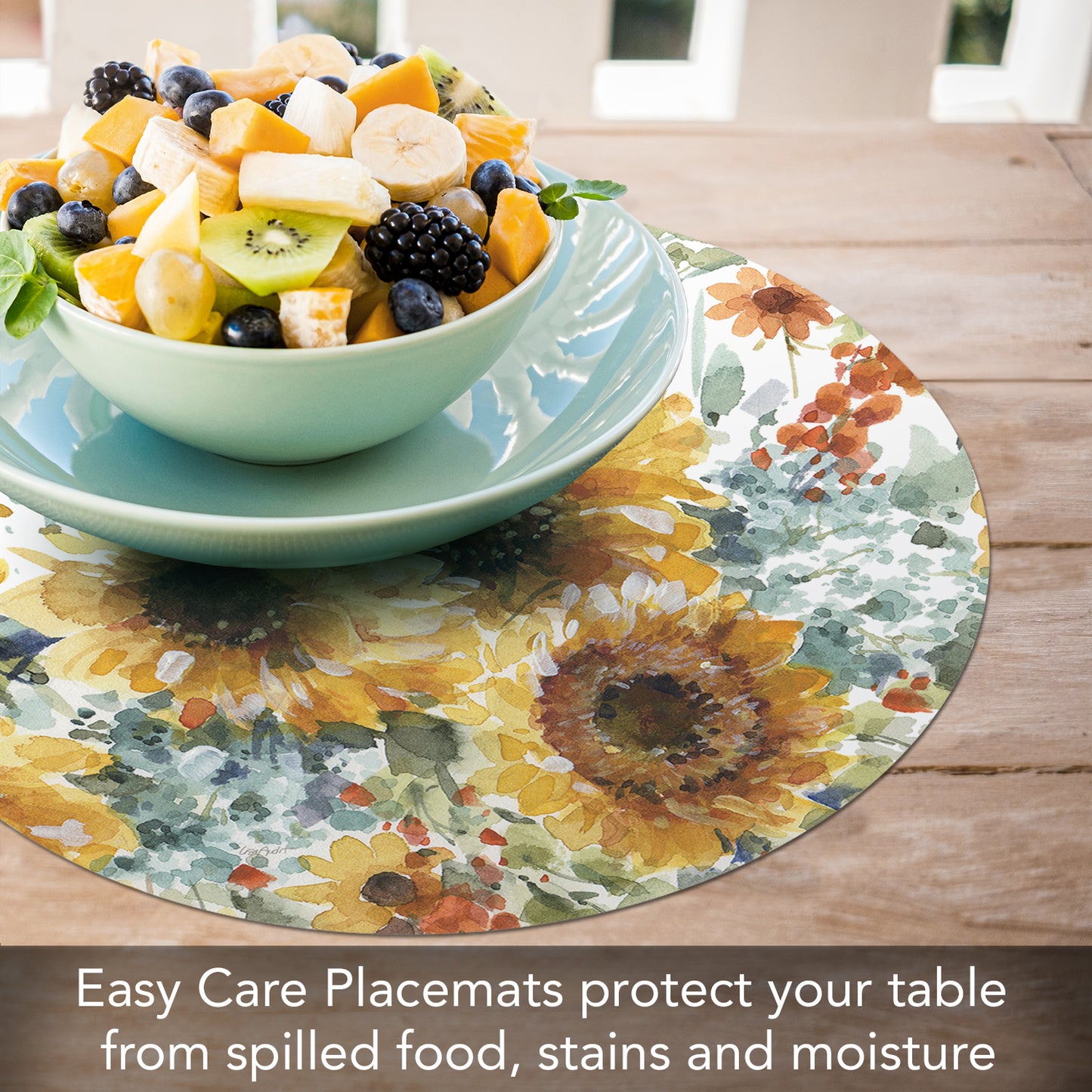 CounterArt Sunflowers Forever 4 Pack Round Reversible Easy Care Flexible Placemats Made in the USA