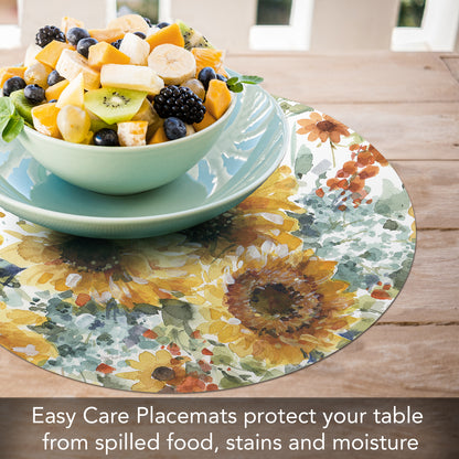 CounterArt Sunflowers Forever 4 Pack Round Reversible Easy Care Flexible Placemats Made in the USA