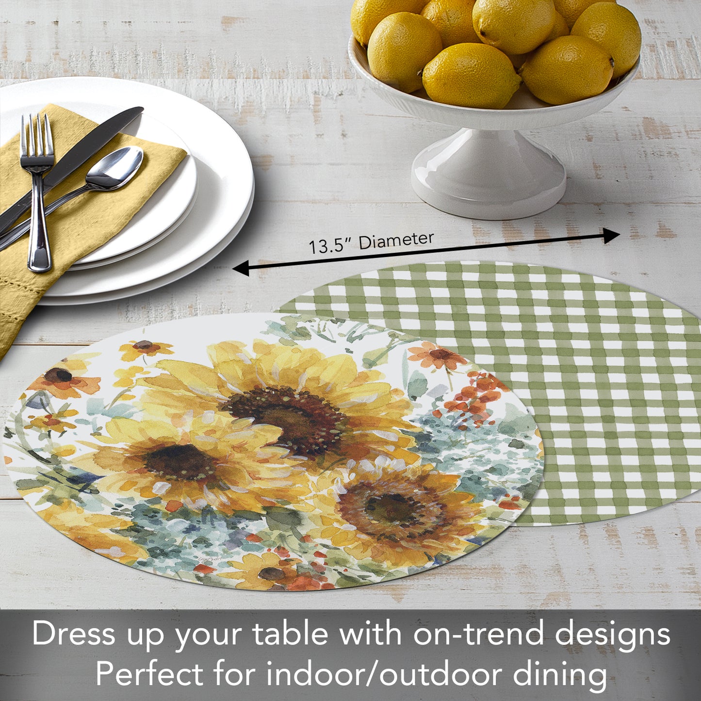 CounterArt Sunflowers Forever 4 Pack Round Reversible Easy Care Flexible Placemats Made in the USA