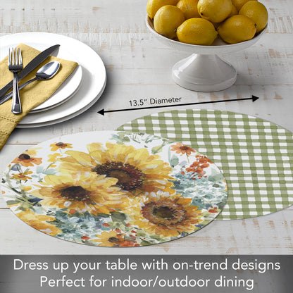 CounterArt Sunflowers Forever 4 Pack Round Reversible Easy Care Flexible Placemats Made in the USA