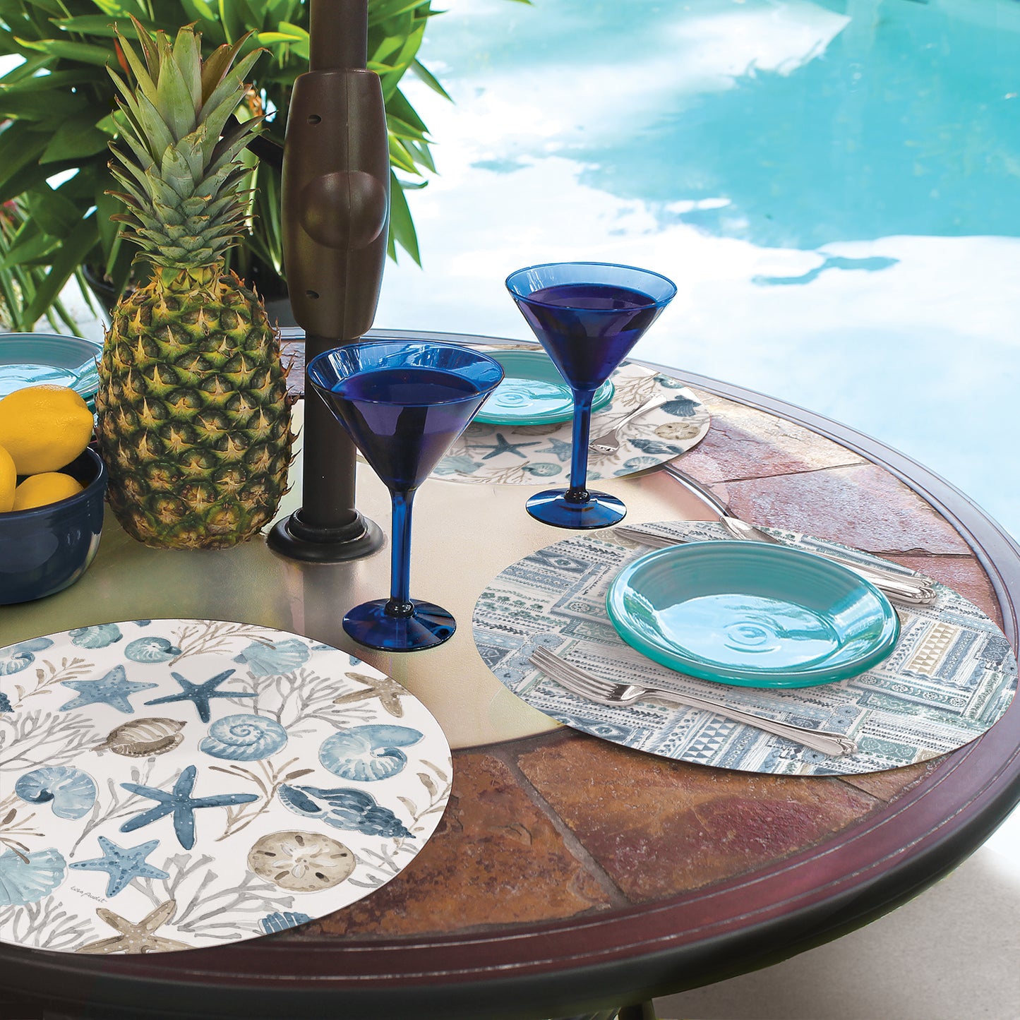 CounterArt Blue Escape 4 Pack Reversible Round Easy Care Flexible Placemats Made in the USA