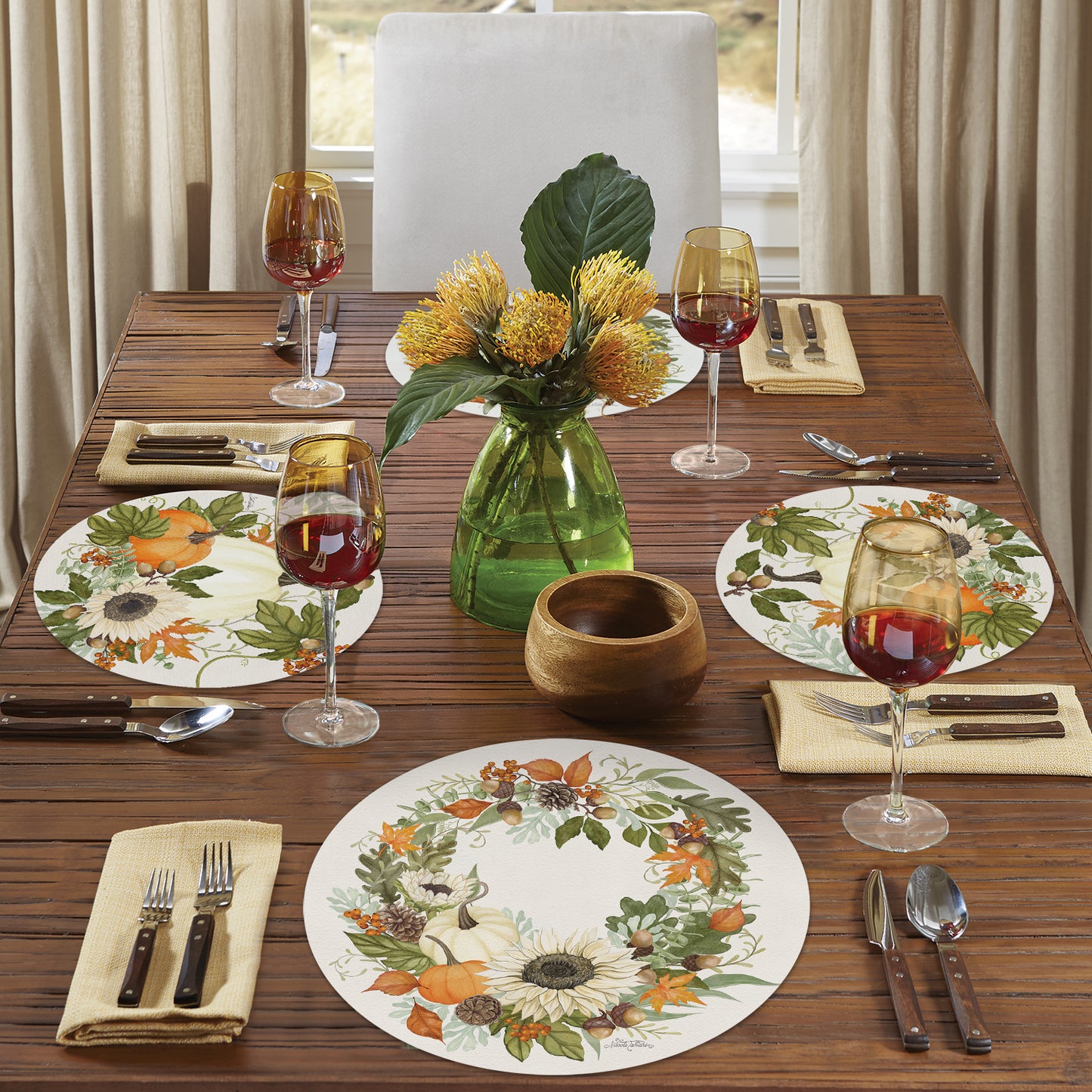 CounterArt Farmhouse Fall 4 Pack Round Reversible Easy Care Flexible Placemats Made in the USA