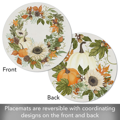 CounterArt Farmhouse Fall 4 Pack Round Reversible Easy Care Flexible Placemats Made in the USA