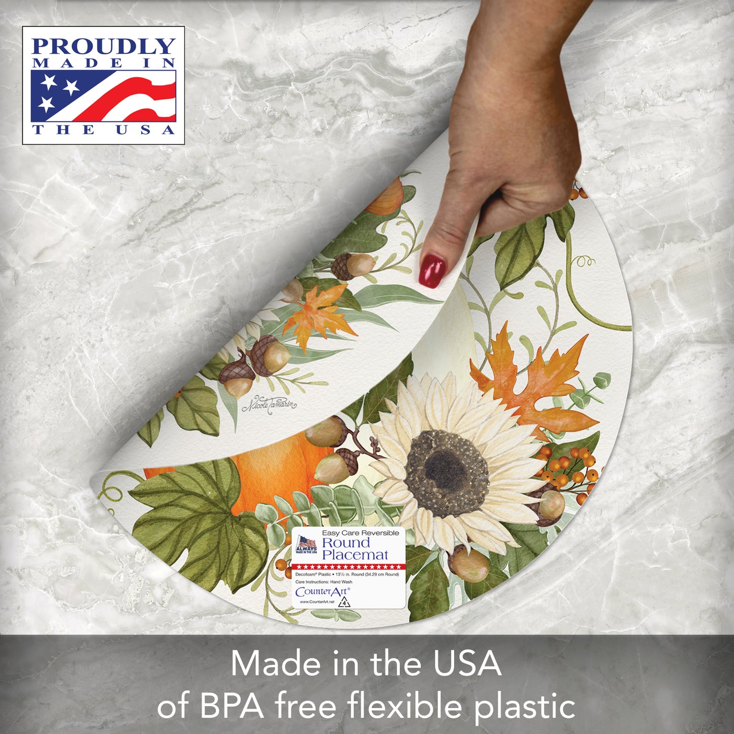CounterArt Farmhouse Fall 4 Pack Round Reversible Easy Care Flexible Placemats Made in the USA