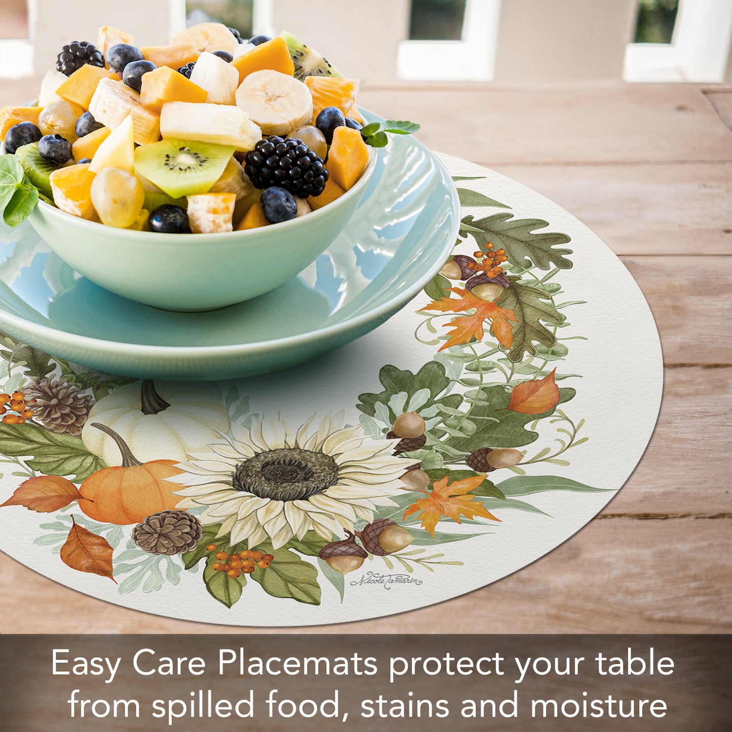 CounterArt Farmhouse Fall 4 Pack Round Reversible Easy Care Flexible Placemats Made in the USA