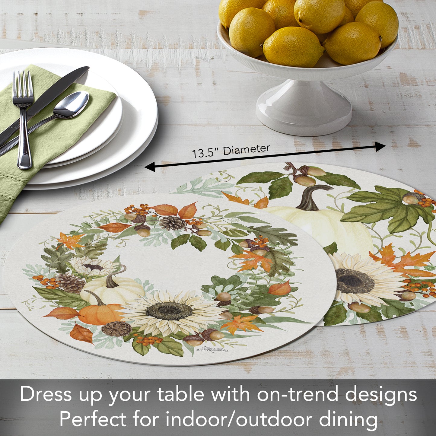 CounterArt Farmhouse Fall 4 Pack Round Reversible Easy Care Flexible Placemats Made in the USA