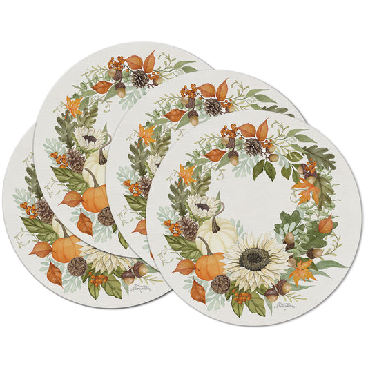 CounterArt Farmhouse Fall 4 Pack Round Reversible Easy Care Flexible Placemats Made in the USA