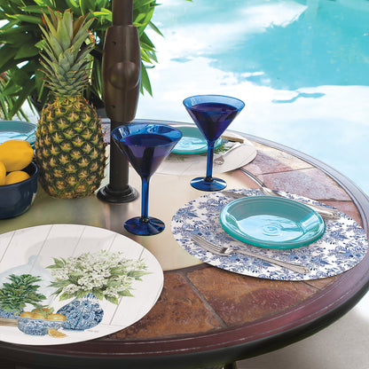 CounterArt Blue & White Pottery 4 Pack Round Reversible Easy Care Flexible Placemats Made in the USA