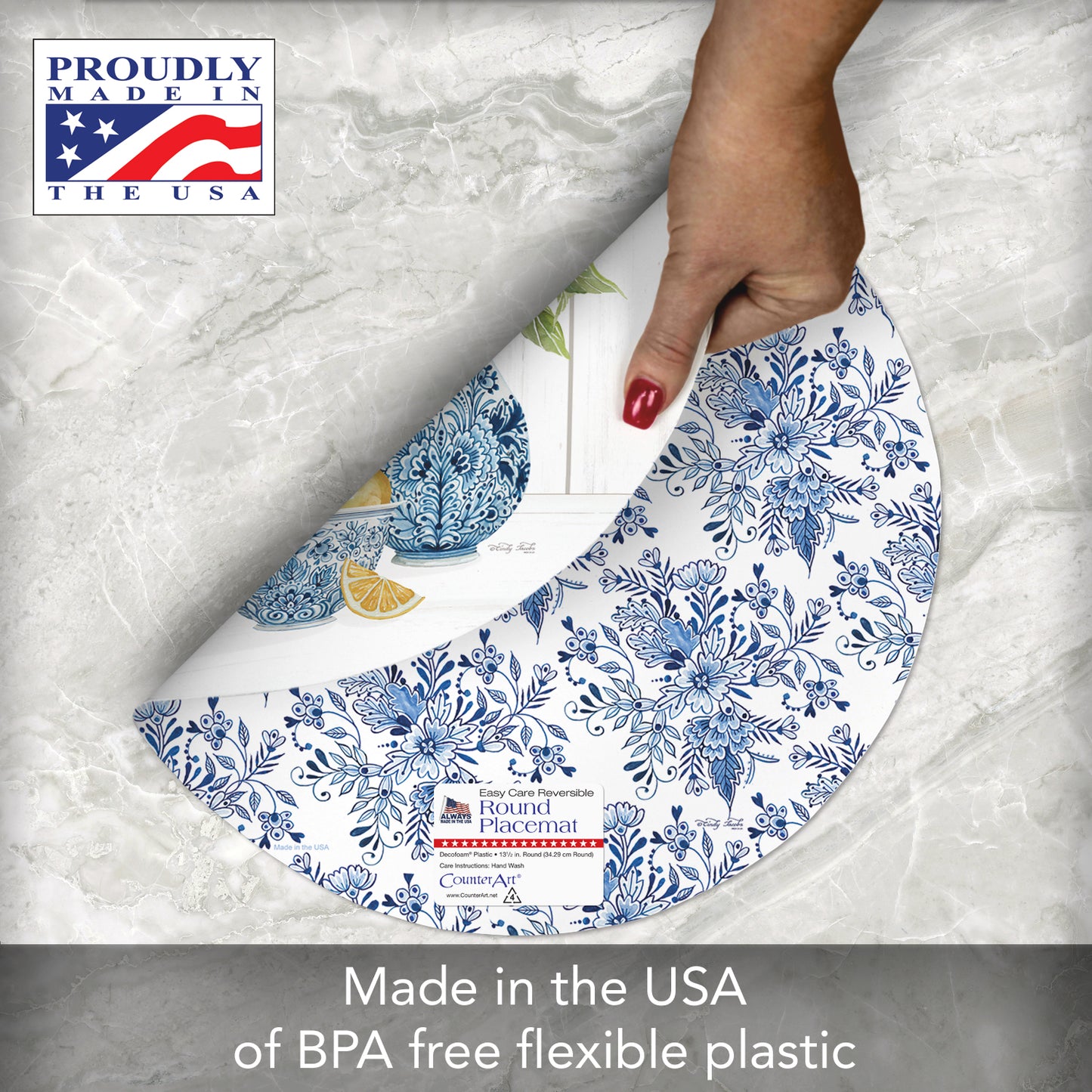 CounterArt Blue & White Pottery 4 Pack Round Reversible Easy Care Flexible Placemats Made in the USA