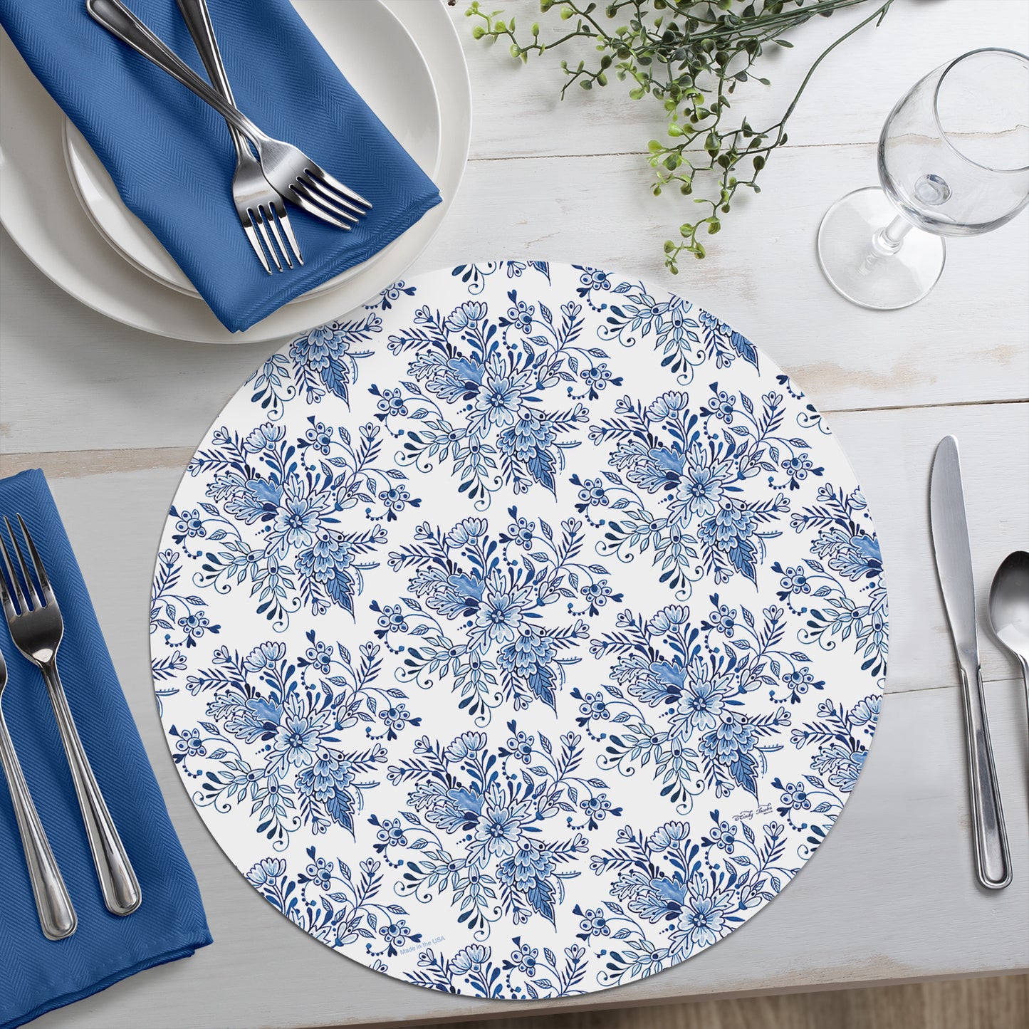 CounterArt Blue & White Pottery 4 Pack Round Reversible Easy Care Flexible Placemats Made in the USA