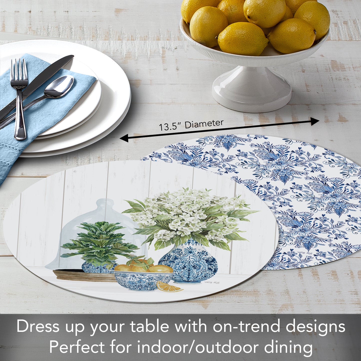 CounterArt Blue & White Pottery 4 Pack Round Reversible Easy Care Flexible Placemats Made in the USA