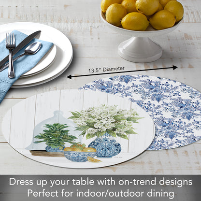 CounterArt Blue & White Pottery 4 Pack Round Reversible Easy Care Flexible Placemats Made in the USA
