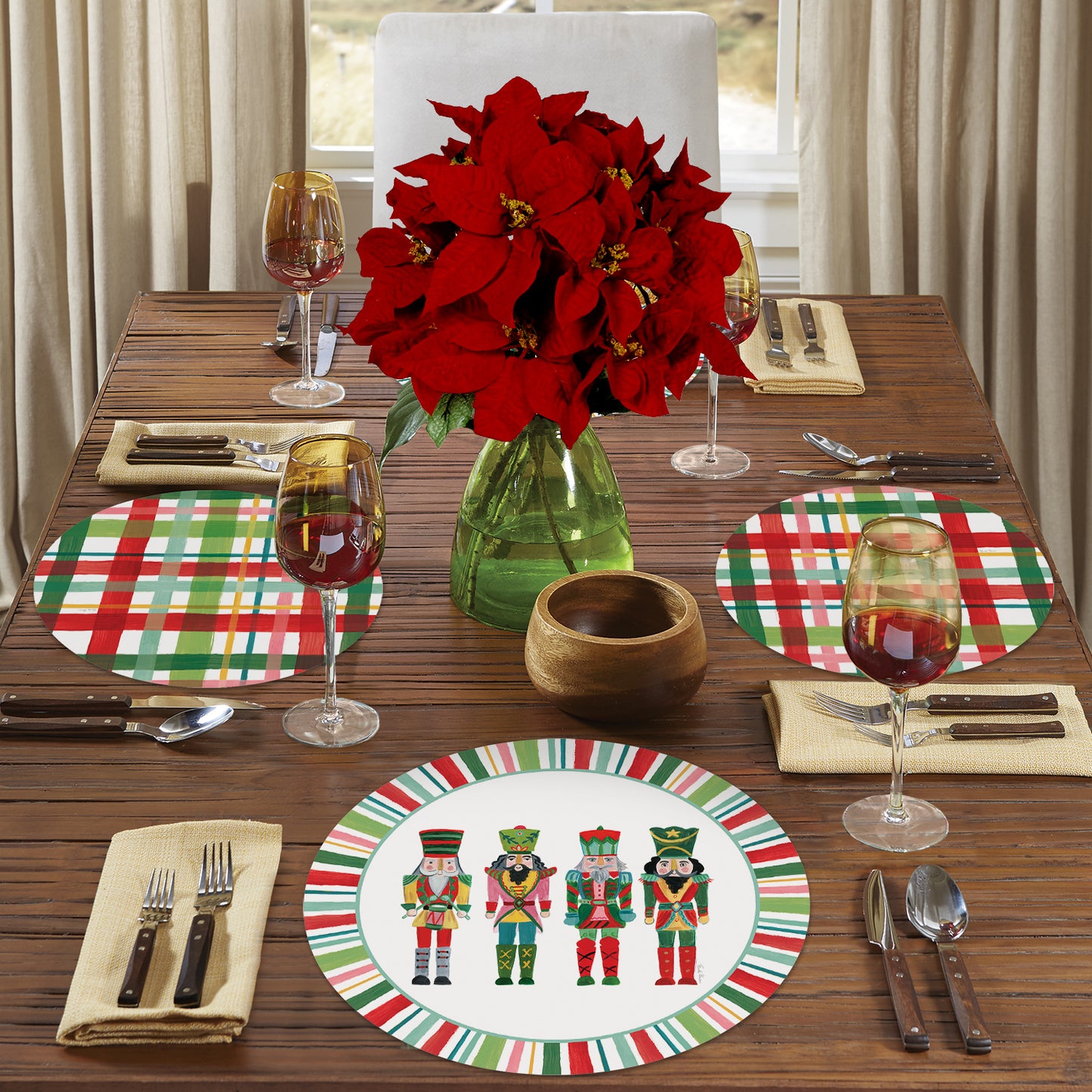 CounterArt Holiday Nutcracker 4 Pack Round Reversible Easy Care Flexible Placemats Made in The USA