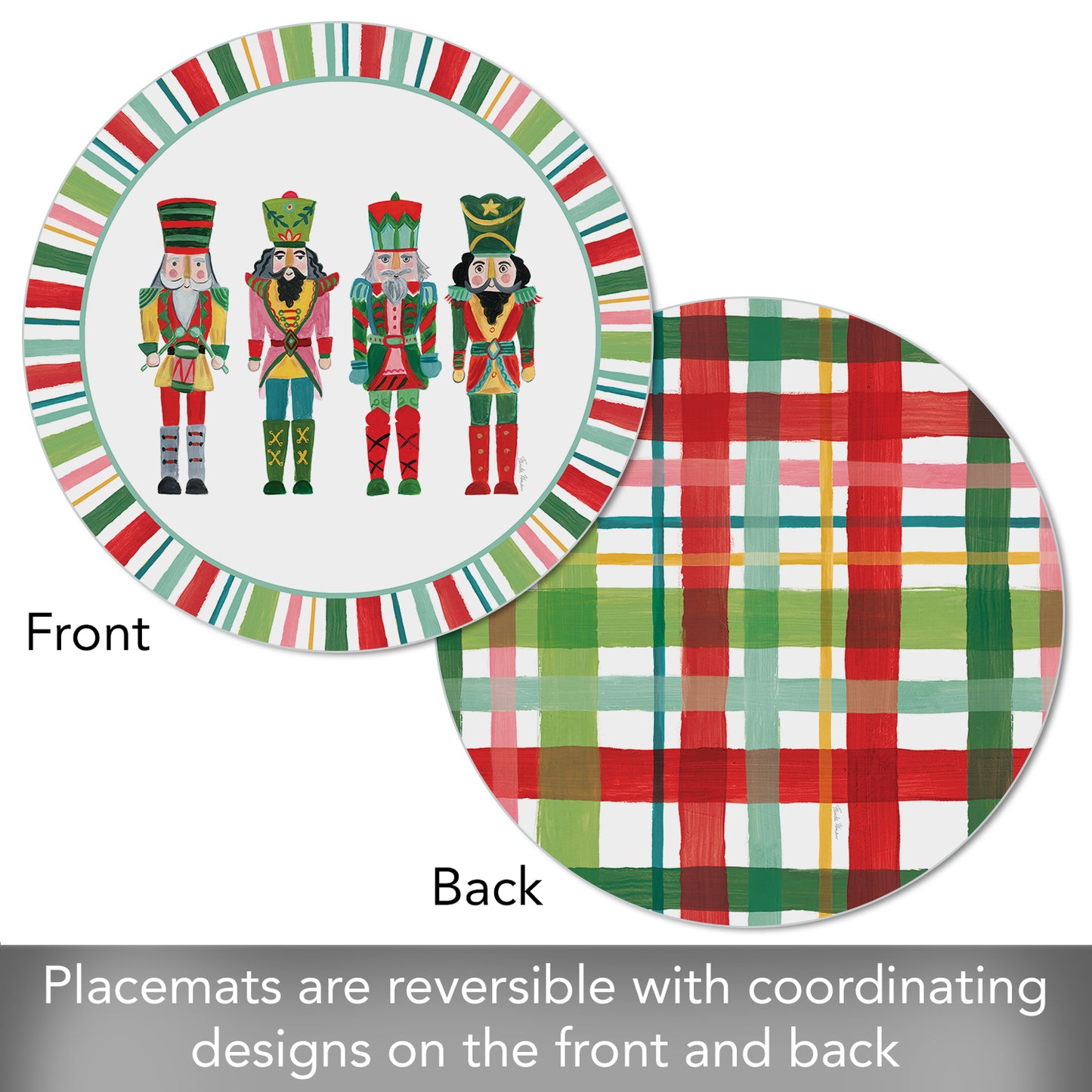 CounterArt Holiday Nutcracker 4 Pack Round Reversible Easy Care Flexible Placemats Made in The USA