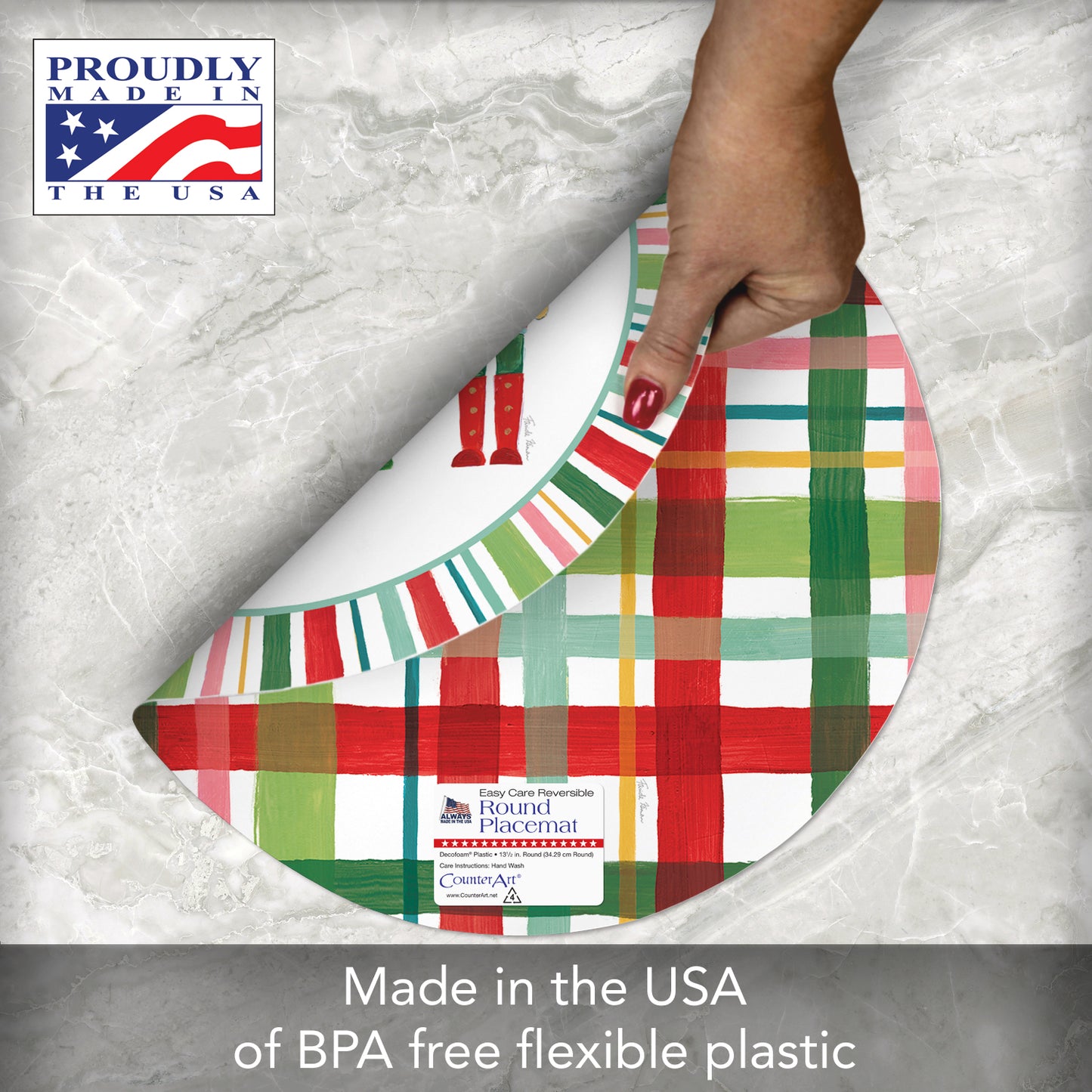 CounterArt Holiday Nutcracker 4 Pack Round Reversible Easy Care Flexible Placemats Made in The USA