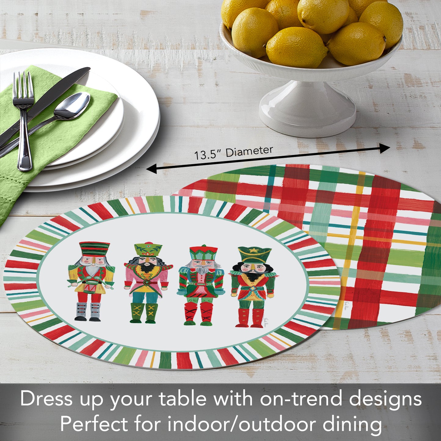 CounterArt Holiday Nutcracker 4 Pack Round Reversible Easy Care Flexible Placemats Made in The USA