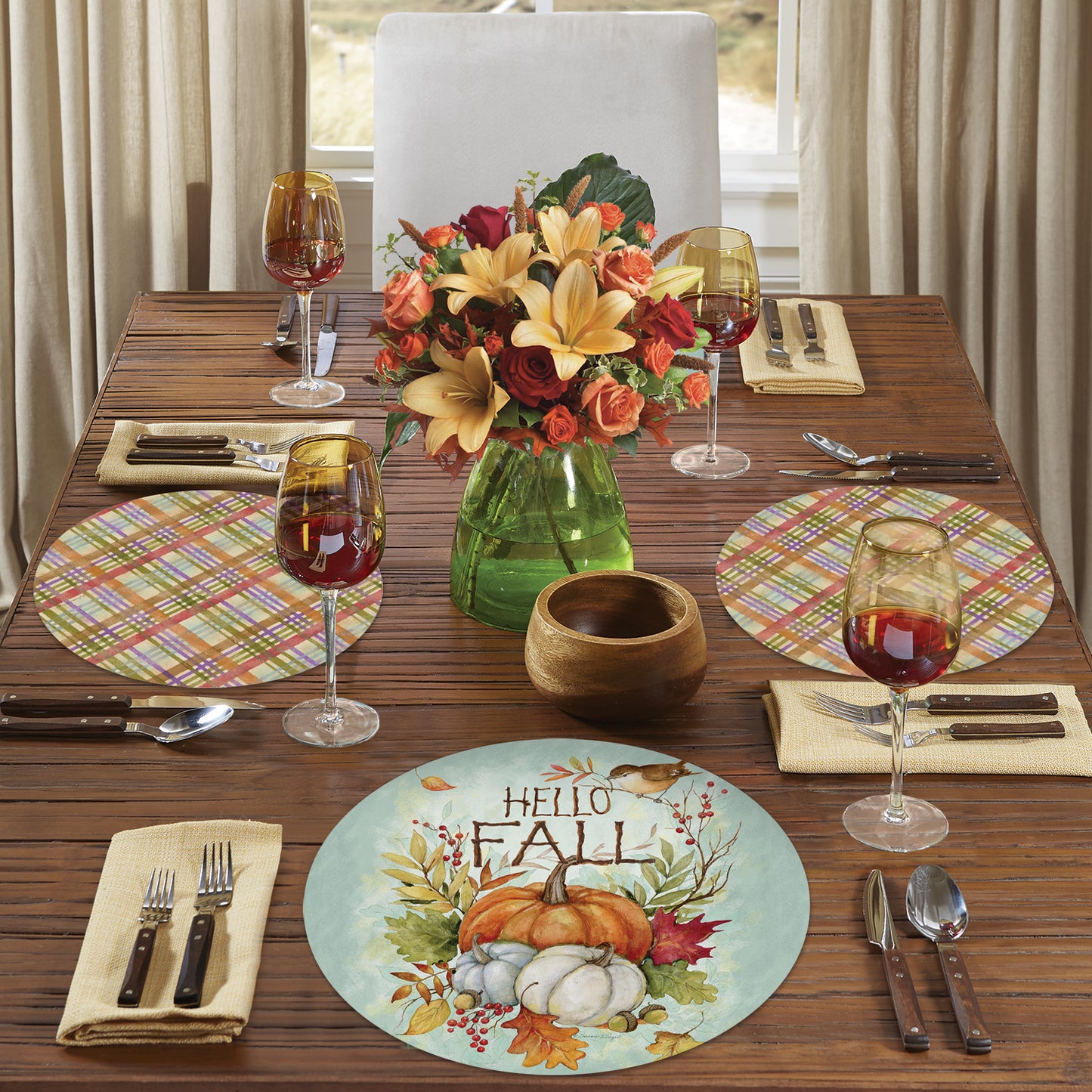 CounterArt Harvest Blessing 4 Pack Round Reversible Easy Care Flexible Placemats Made in the USA