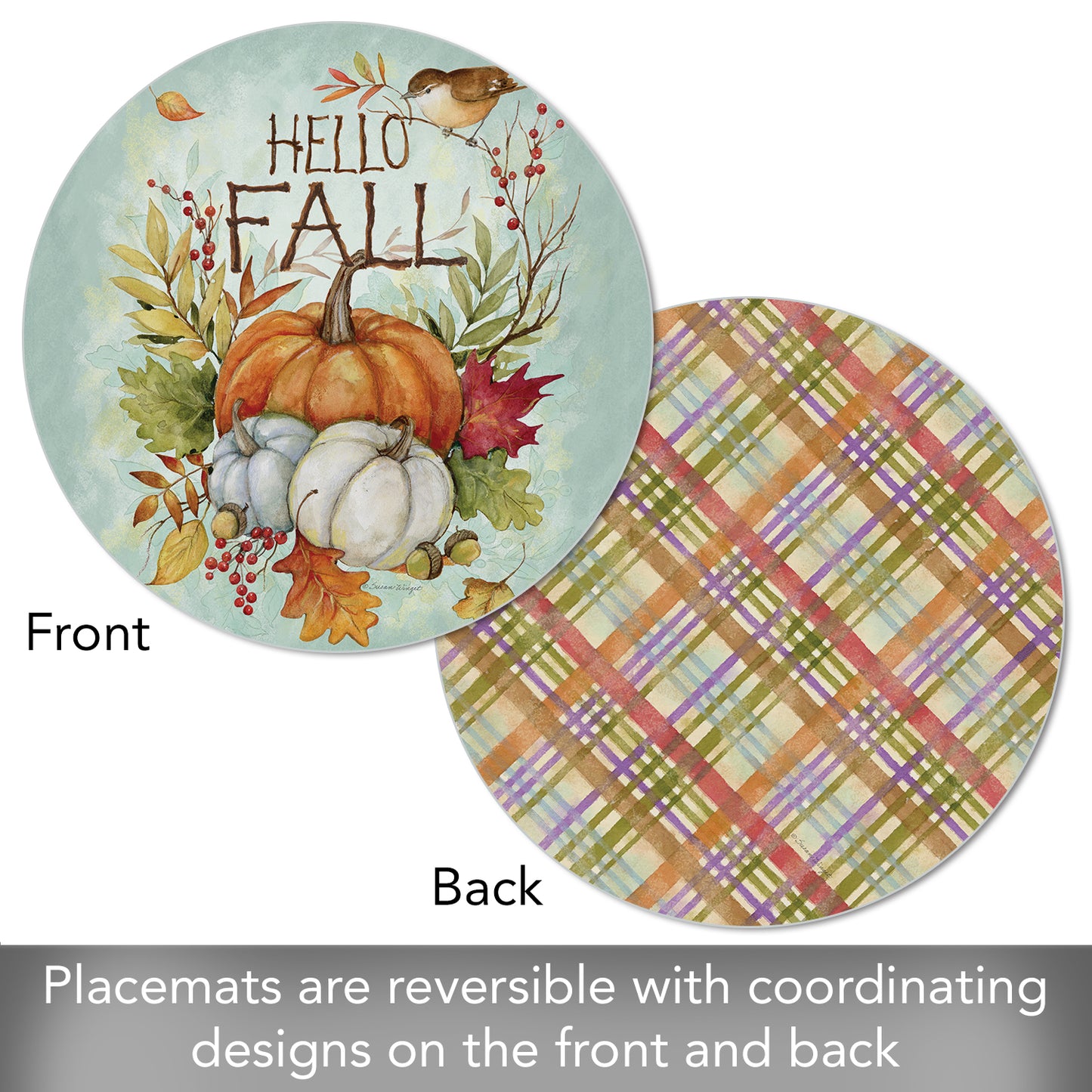 CounterArt Harvest Blessing 4 Pack Round Reversible Easy Care Flexible Placemats Made in the USA
