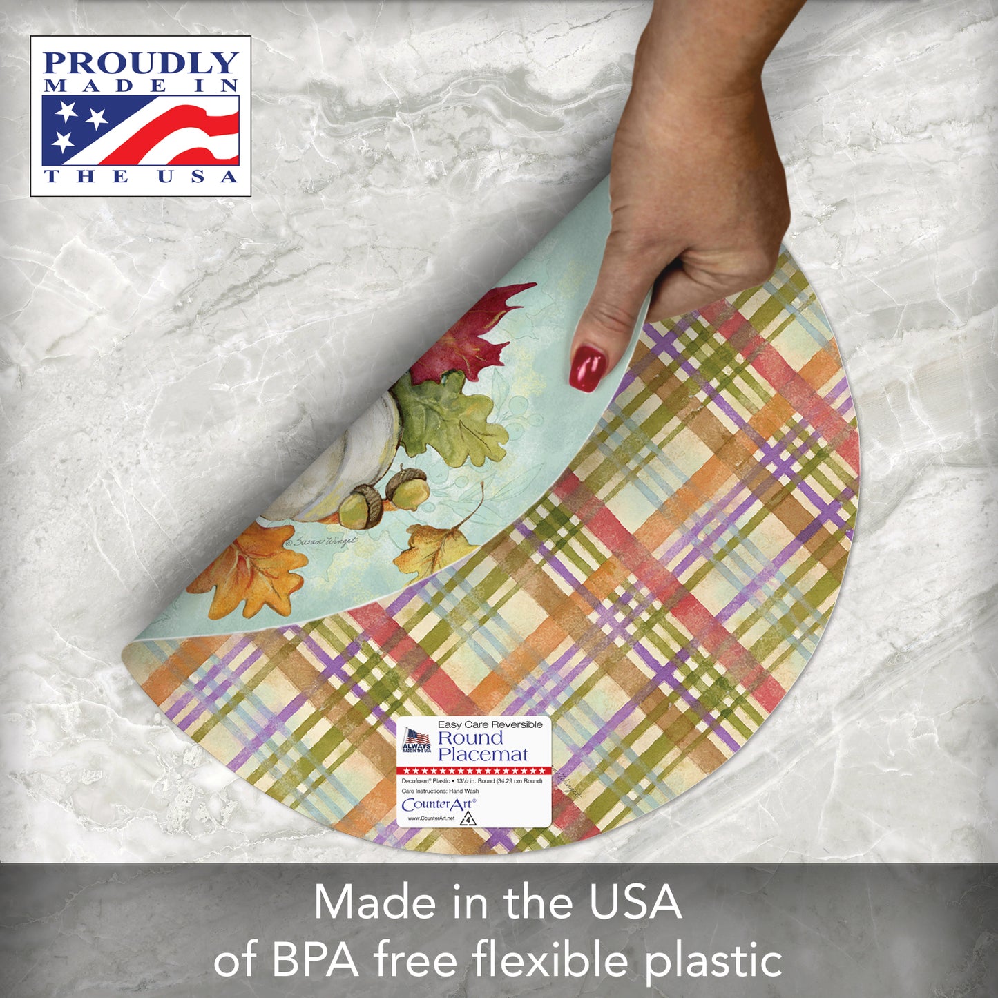 CounterArt Harvest Blessing 4 Pack Round Reversible Easy Care Flexible Placemats Made in the USA