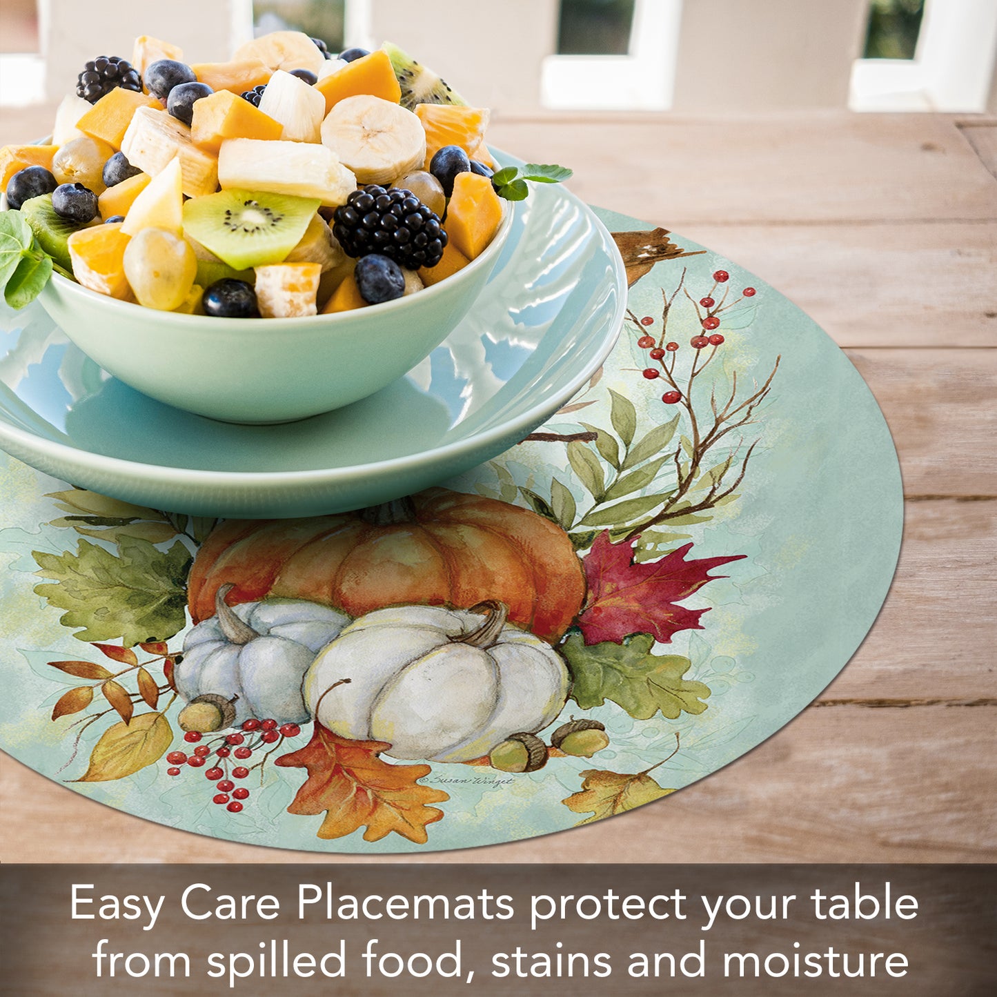CounterArt Harvest Blessing 4 Pack Round Reversible Easy Care Flexible Placemats Made in the USA