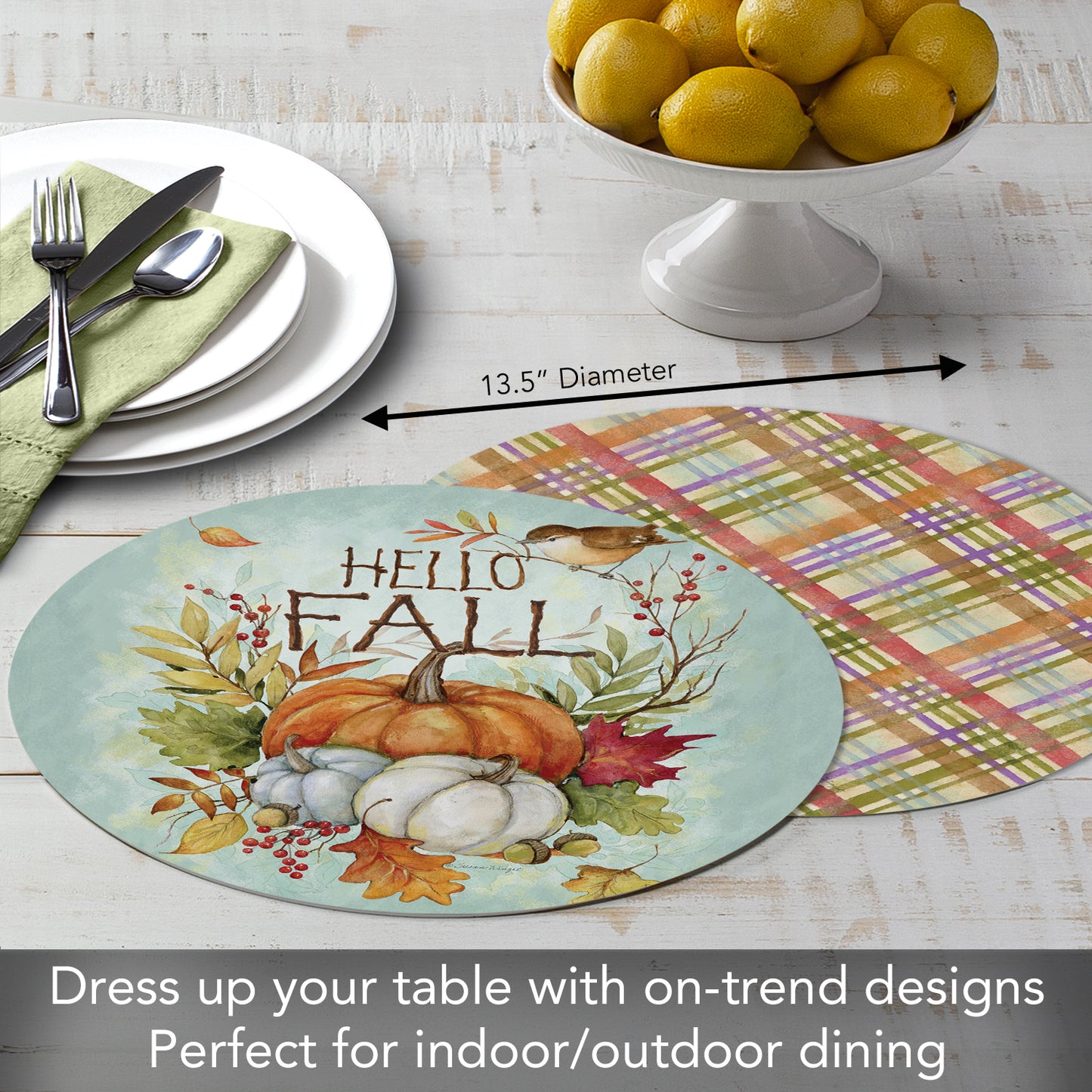 CounterArt Harvest Blessing 4 Pack Round Reversible Easy Care Flexible Placemats Made in the USA
