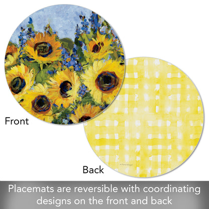 CounterArt Sunflower Gallery 4 Pack Round Reversible Easy Care Flexible Placemats Made in the USA