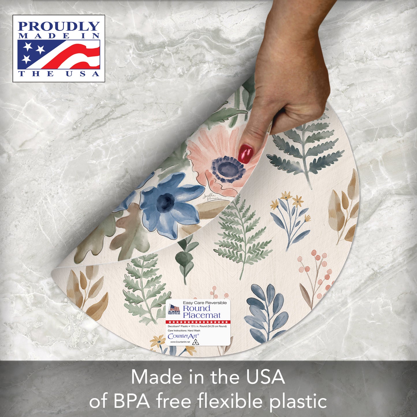 CounterArt Botanical Blend 4 Pack Round Reversible Easy Care Flexible Placemats Made in the USA