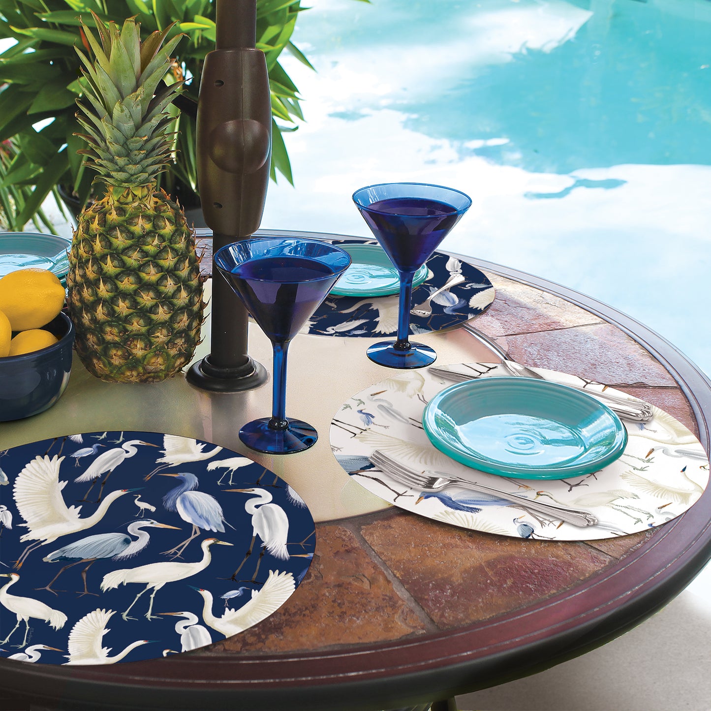 CounterArt Beachy Birds 4 Pack Round Reversible Easy Care Placemats Made in the USA