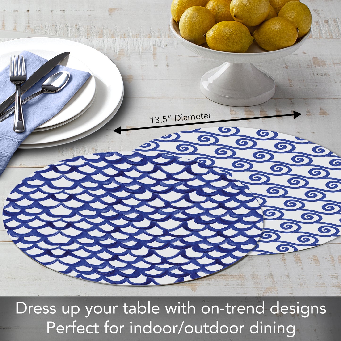 CounterArt Waves 4 Pack Round Reversible Easy Care Flexible Placemats Made in the USA