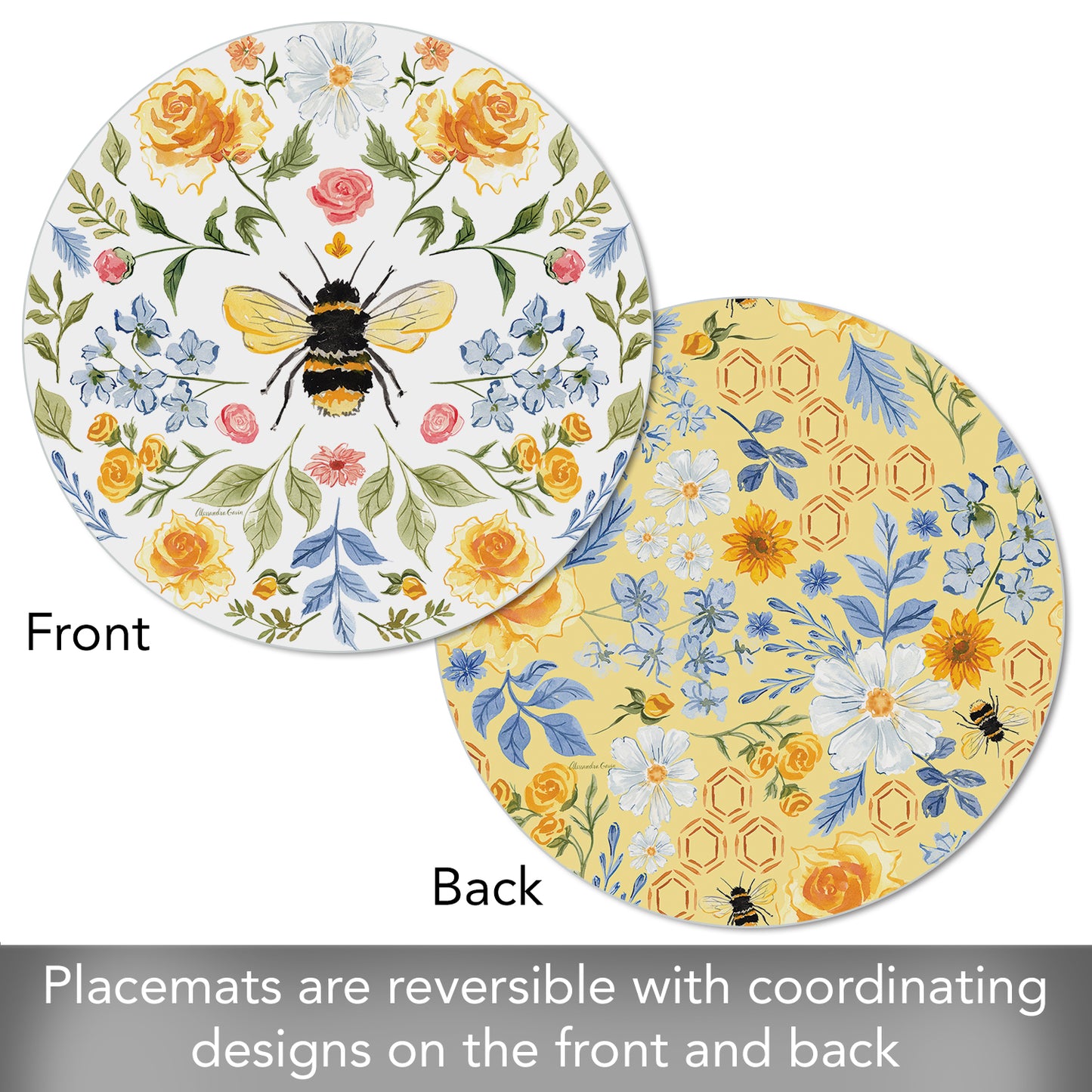 CounterArt Floral Bee 4 Pack Round Reversible Easy Care Flexible Placemats Made in the USA