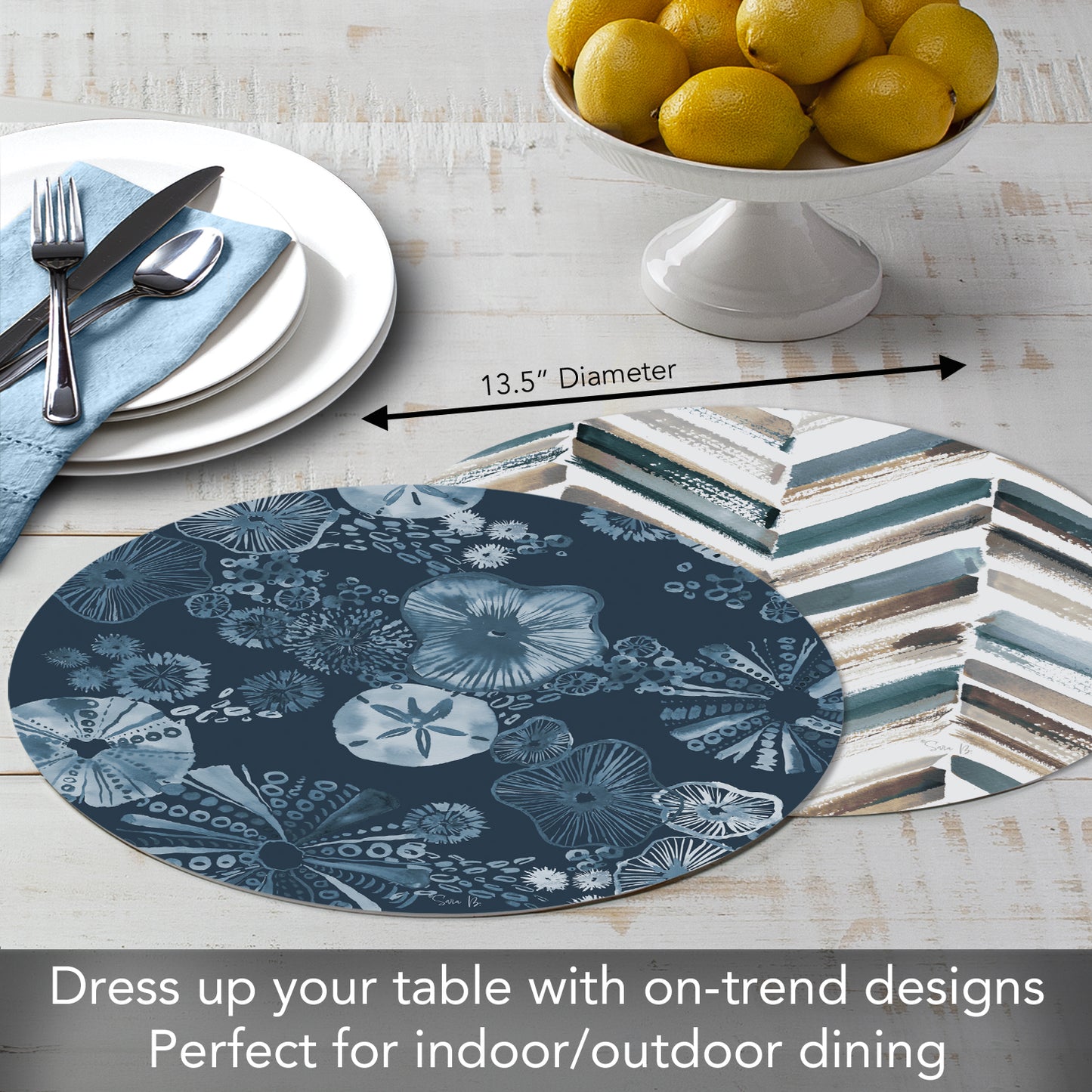 CounterArt Tidal Shells 4 Pack Round Reversible Easy Care Flexible Placemats Made in the USA