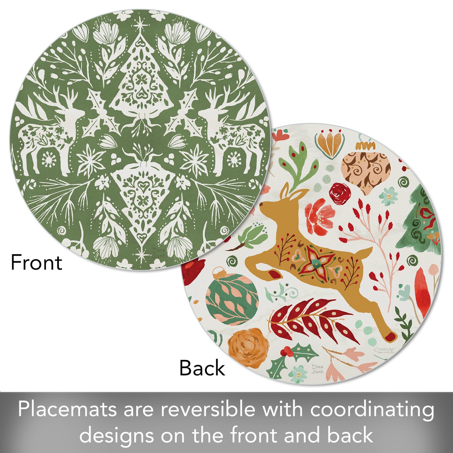 CounterArt Floral Reindeer 4 Pack Round Reversible Easy Care Flexible Placemats Made in the USA