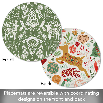 CounterArt Floral Reindeer 4 Pack Round Reversible Easy Care Flexible Placemats Made in the USA