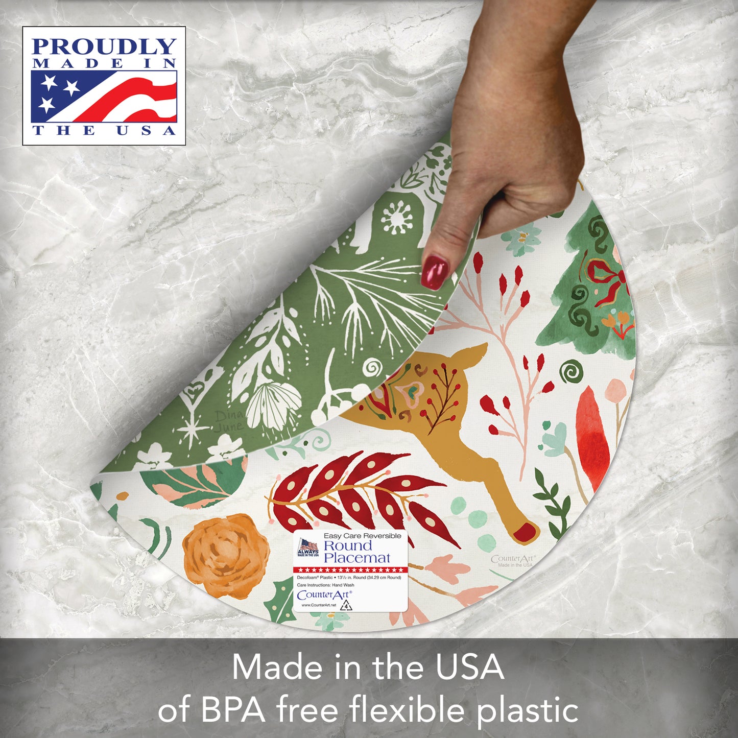 CounterArt Floral Reindeer 4 Pack Round Reversible Easy Care Flexible Placemats Made in the USA