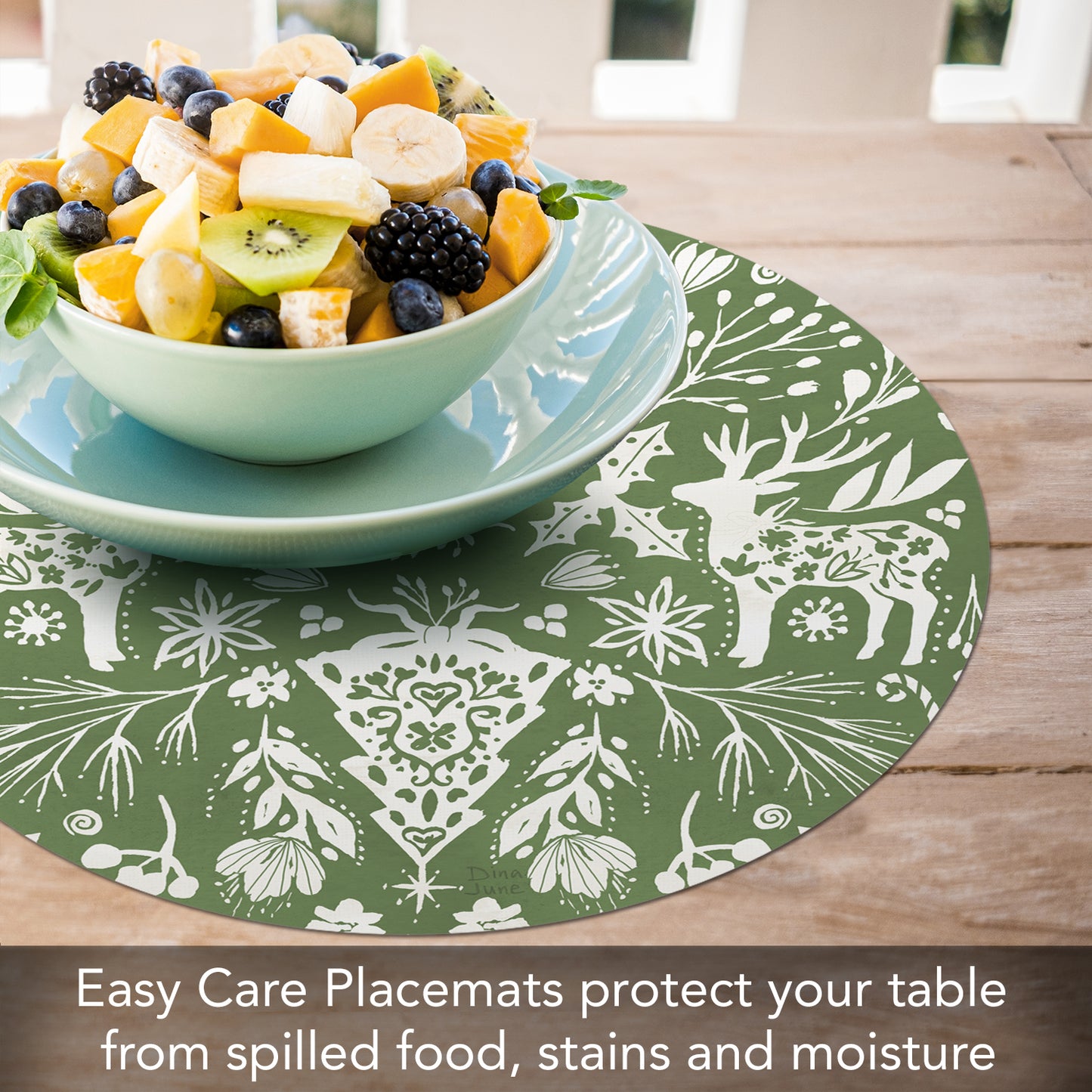 CounterArt Floral Reindeer 4 Pack Round Reversible Easy Care Flexible Placemats Made in the USA
