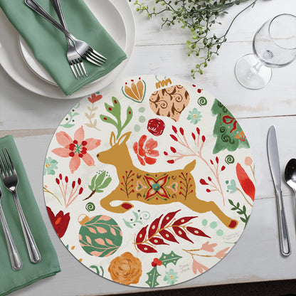 CounterArt Floral Reindeer 4 Pack Round Reversible Easy Care Flexible Placemats Made in the USA