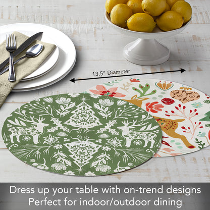 CounterArt Floral Reindeer 4 Pack Round Reversible Easy Care Flexible Placemats Made in the USA