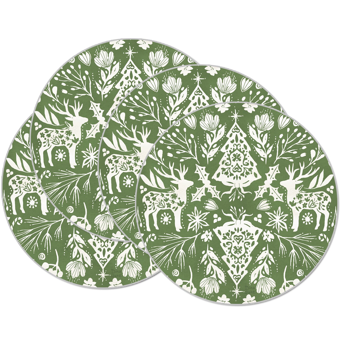 CounterArt Floral Reindeer 4 Pack Round Reversible Easy Care Flexible Placemats Made in the USA