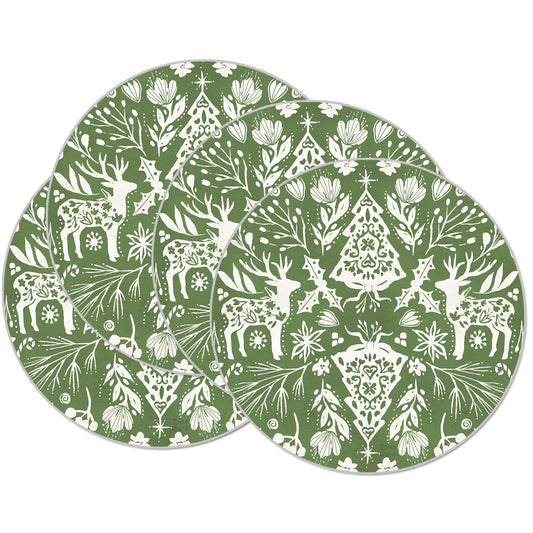 CounterArt Floral Reindeer 4 Pack Round Reversible Easy Care Flexible Placemats Made in the USA