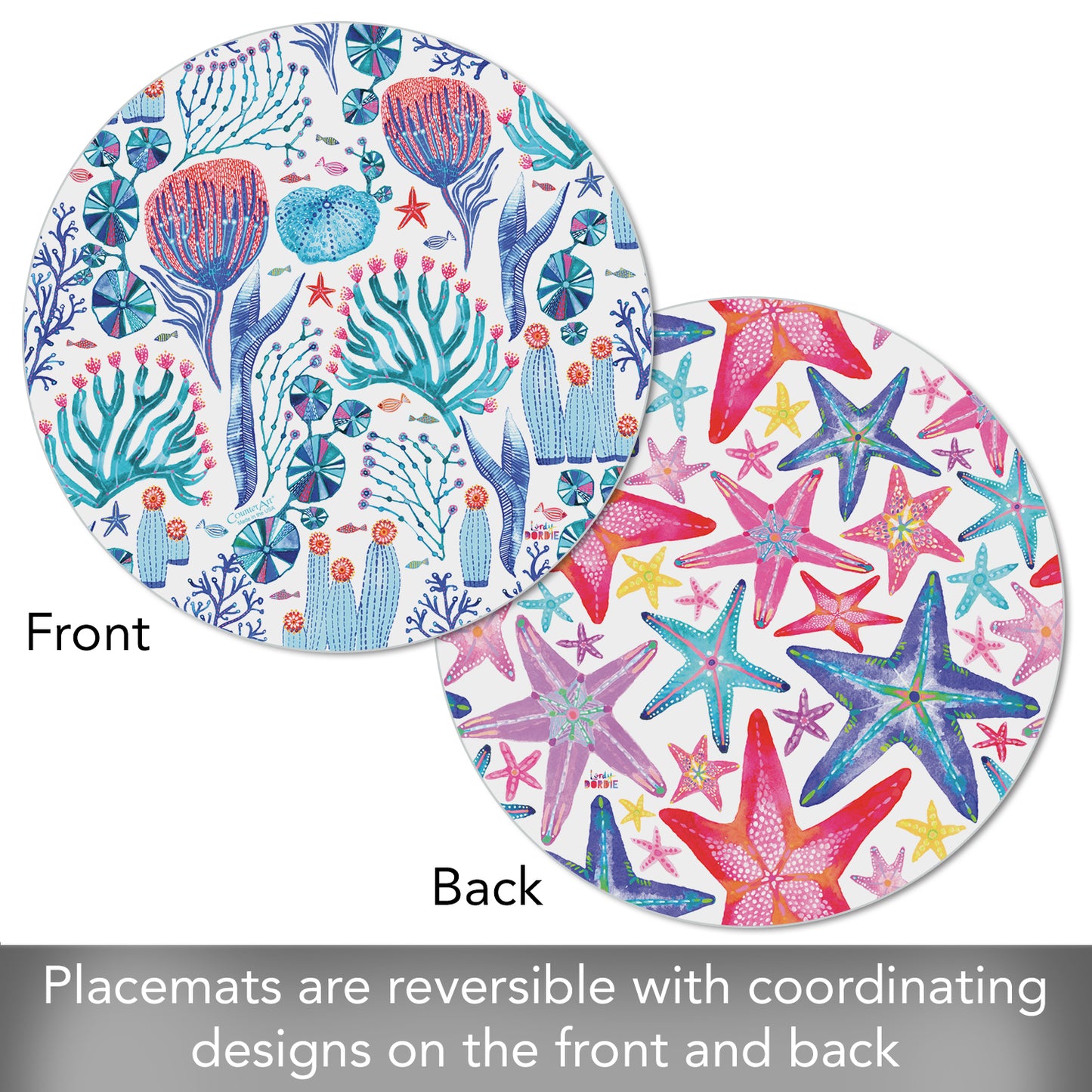 CounterArt Bright Lagoon 4 Pack Round Reversible Easy Care Flexible Placemats Made in the USA